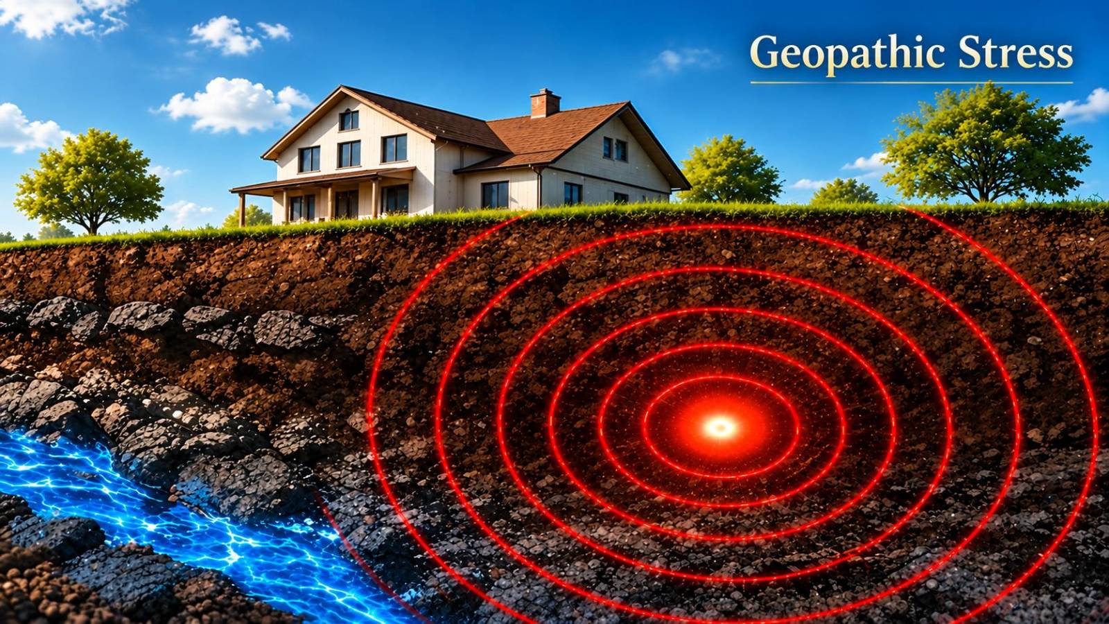 Geopathic stress concept illustration showing a house and underground layers